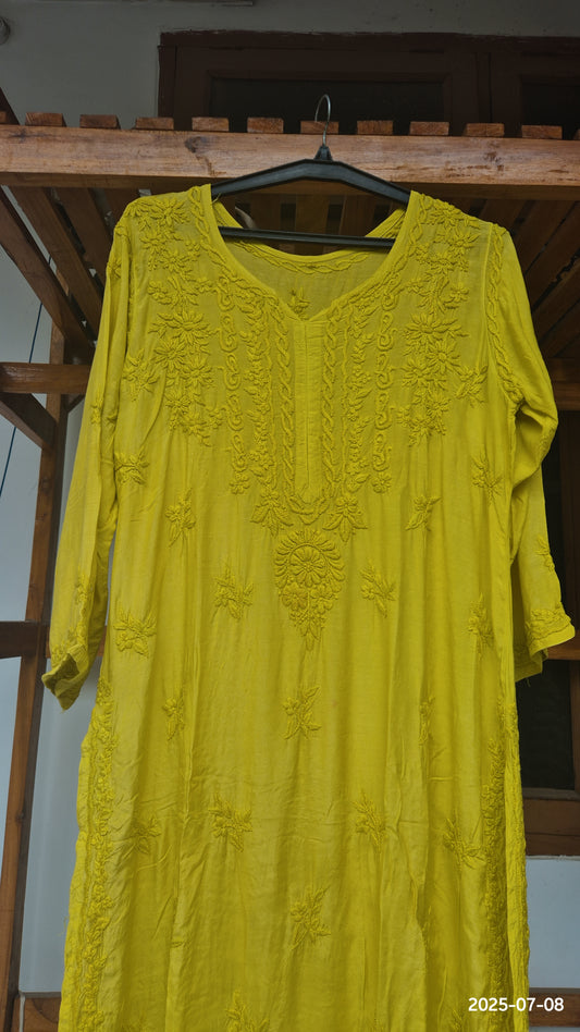 Green luxury cotton silk Chikankari long kurti for women, handmade by LVW Fashions with intricate Lucknow Chikankari details.