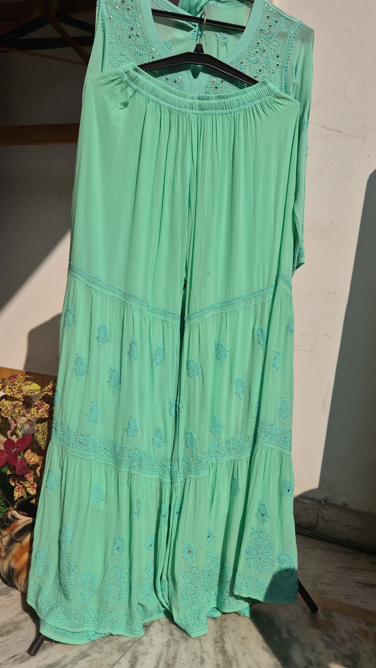 Green Sheen Premium Georgette Chikankari Gharara Set with handmade Lucknow Chikankari kurta, luxurious and elegant for special occasions.