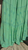 Green Sheen premium georgette Chikankari Gharara set with handmade Lucknow chikankari kurta, luxurious and traditional.