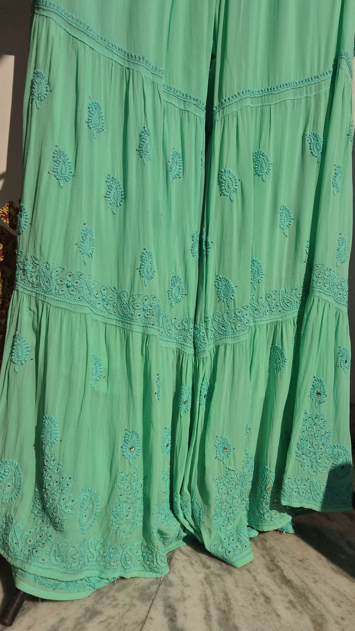 Green Sheen premium georgette Chikankari Gharara set with handmade Lucknow chikankari kurta, luxurious and traditional.