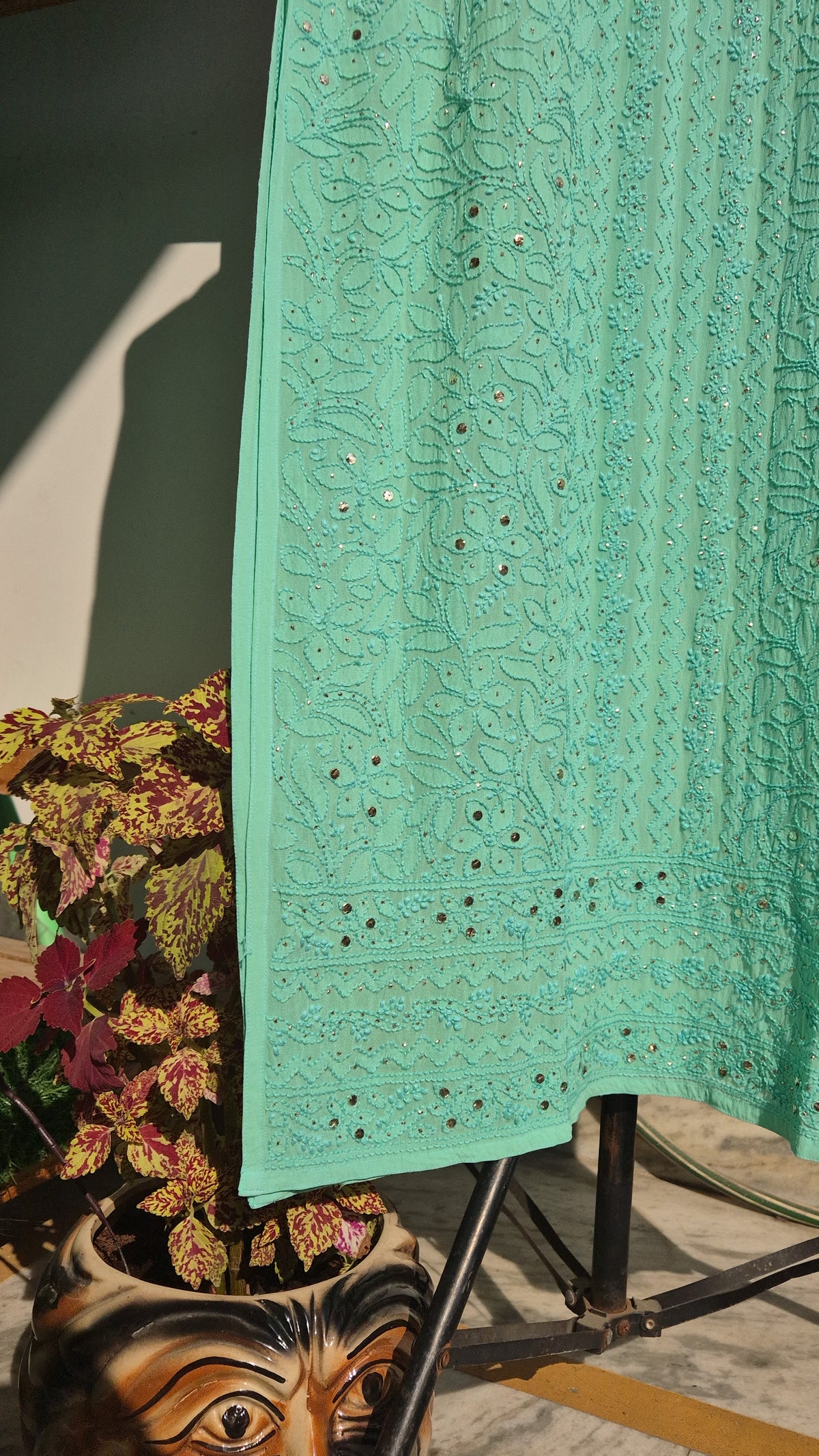 Green Sheen Premium Georgette Chikankari Gharara set with handmade Lucknow chikankari kurta by LVW Fashions.