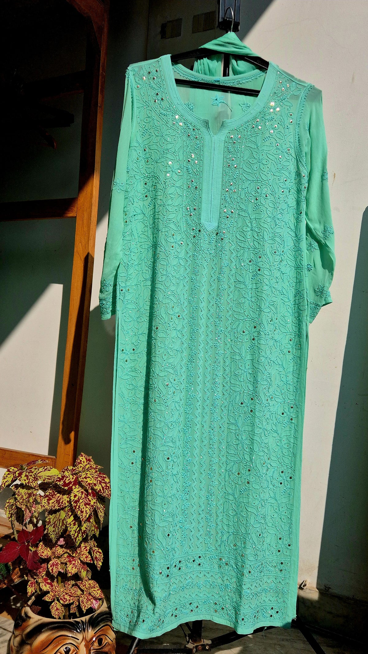 Green Sheen premium georgette Gharara set with intricate Lucknow Chikankari and handmade kurta by LVW Fashions.