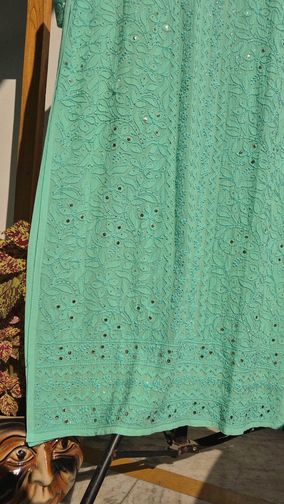 Green Sheen premium georgette Gharara set with intricate Lucknow Chikankari kurta and luxurious embroidery by LVW Fashions.
