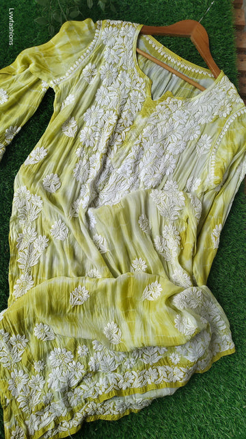Greenish tie-dye premium silk long kurta with intricate Lucknow chikankari embroidery, handmade by LVW Fashions.