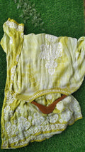 Greenish tie-dye premium silk long kurta with intricate handmade Lucknow chikankari by LVW Fashions, luxurious and elegant.