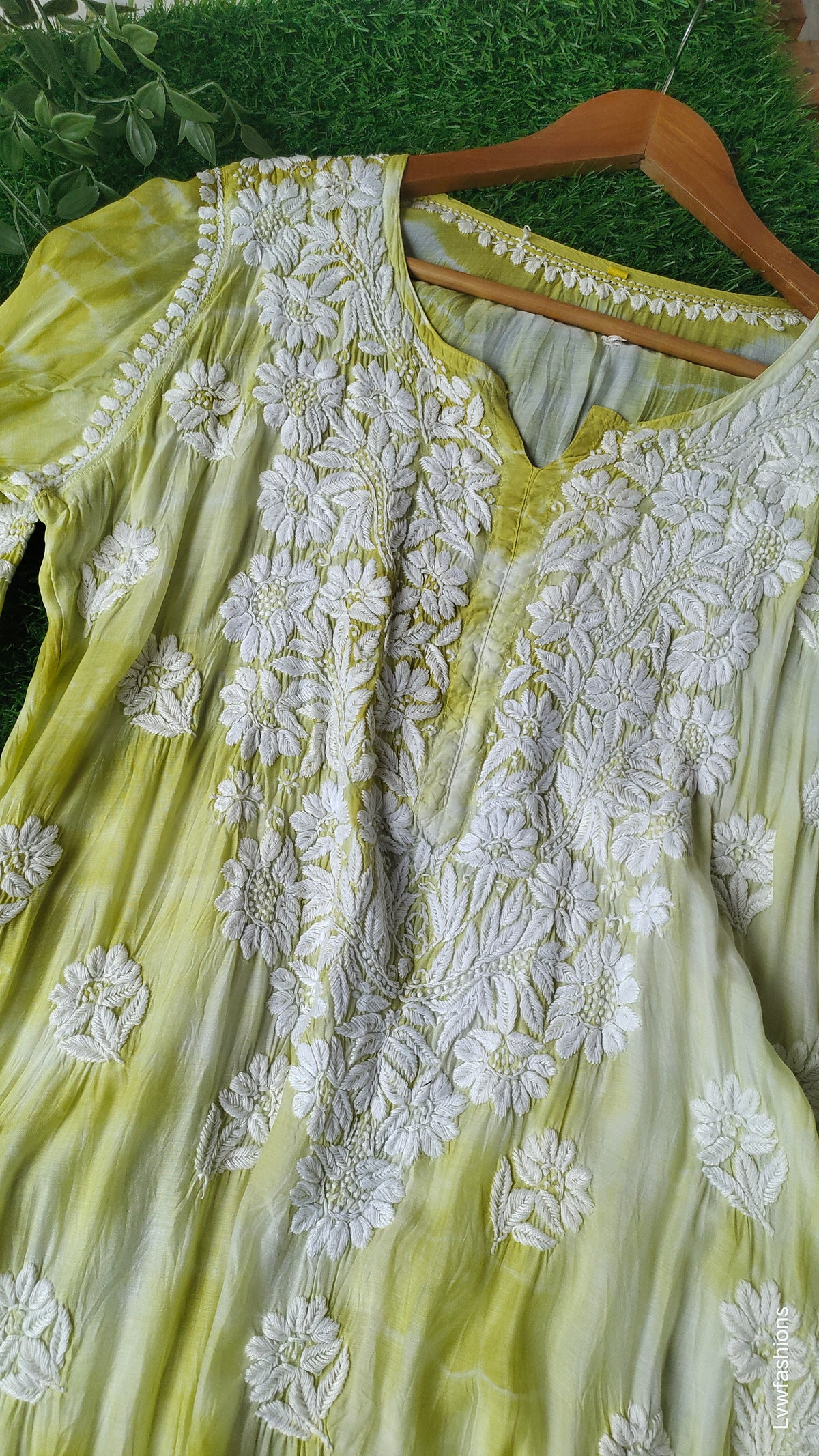 Greenish tie-dye premium silk long kurta with intricate Lucknow chikankari embroidery by LVW Fashions, handmade luxurious look.