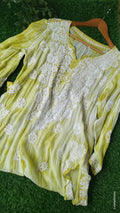Greenish Tye & Dye silk long kurta with intricate hand-chikankari embroidery, crafted by LVW Fashions in Lucknow.