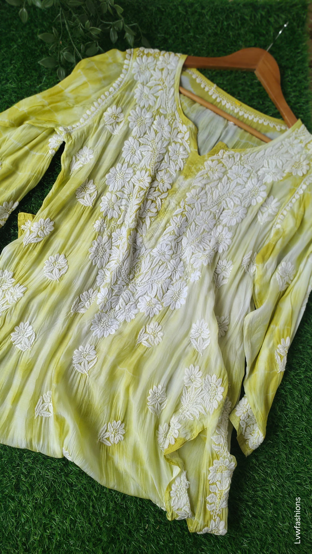 Greenish Tye & Dye silk long kurta with intricate hand-chikankari embroidery, crafted by LVW Fashions in Lucknow.