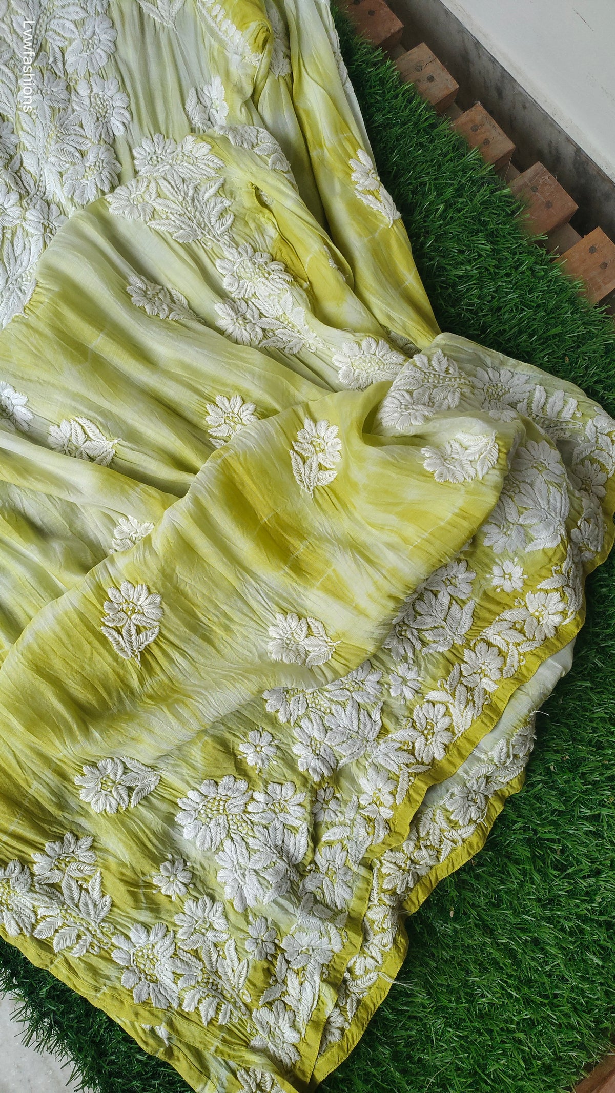 Greenish tie-dye premium silk long kurta with intricate handmade chikankari embroidery from LVW Fashions, luxury look, traditional Lucknow craft
