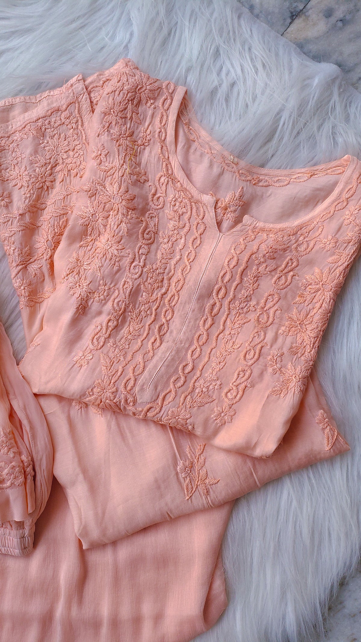Gulab Peach LVW Fashions soft modal cotton Chikankari Kurta set with intricate Lucknow hand embroidery, available in XS size