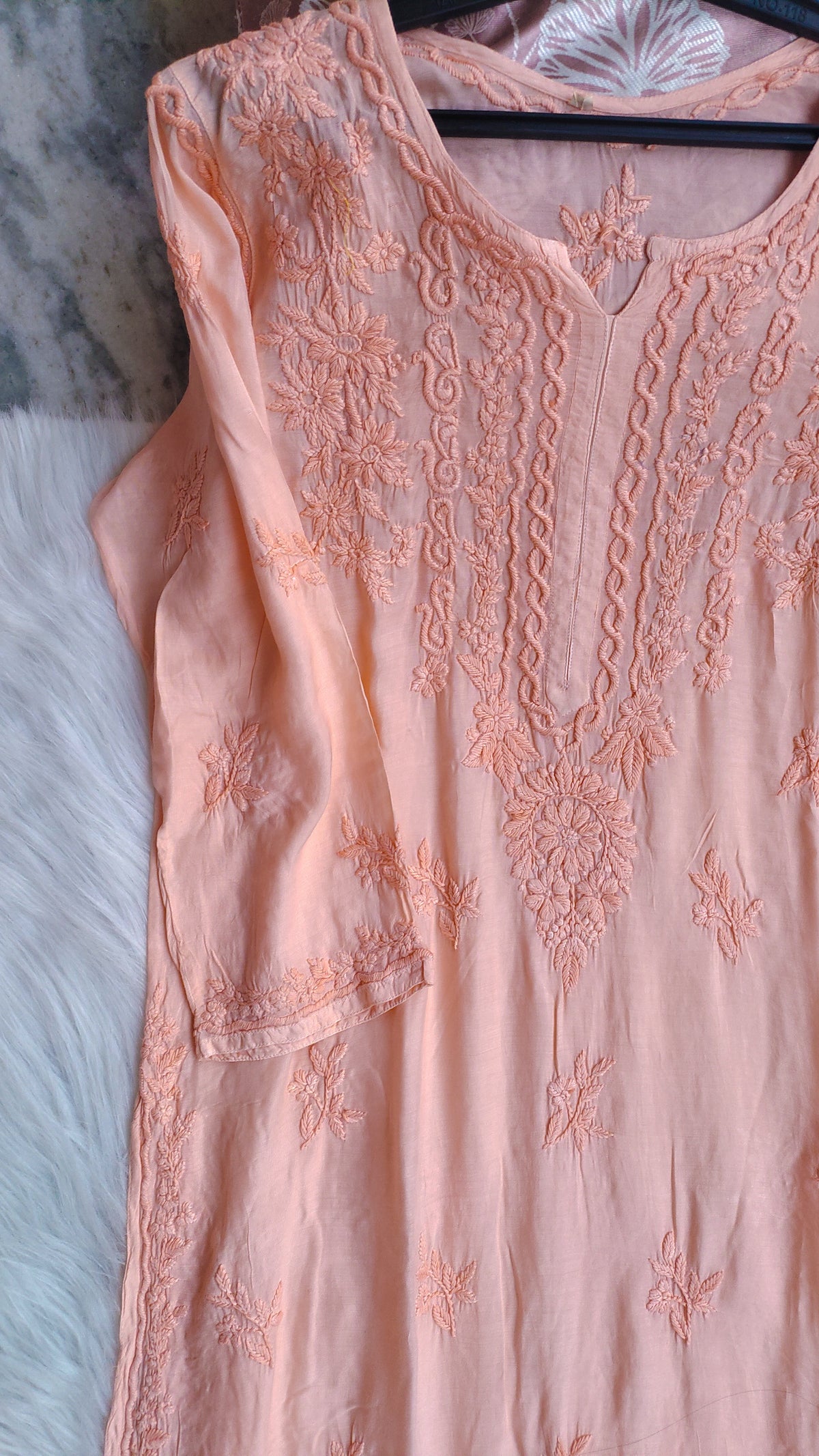 Gulab Peach LVW Fashions soft modal cotton Chikankari Kurta set with intricate Lucknow embroidery, handmade and elegant.