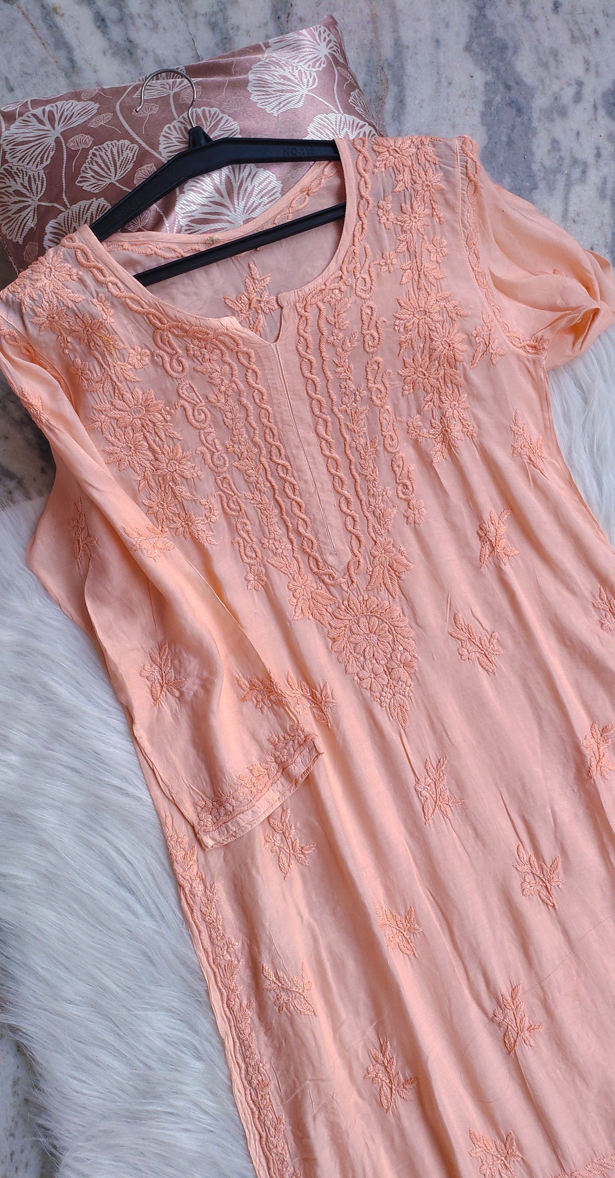 Gulab Peach LVW Fashions Chikankari Kurta Set with soft modal cotton fabric and intricate Lucknow Chikankari embroidery.