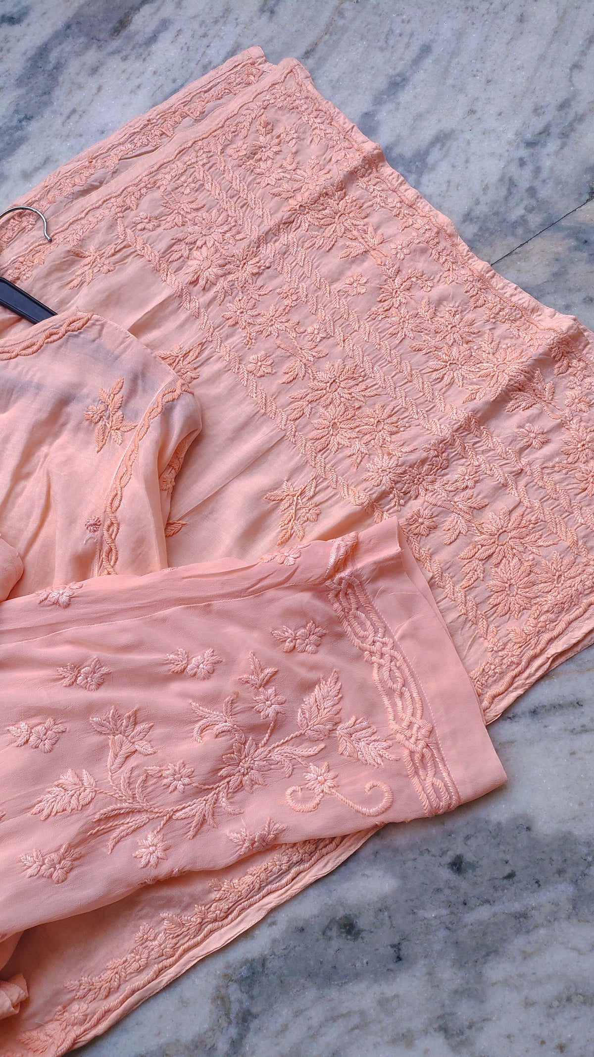 Gulab Peach premium soft modal cotton Chikankari Kurta set by LVW Fashions featuring intricate Lucknow Chikankari embroidery.