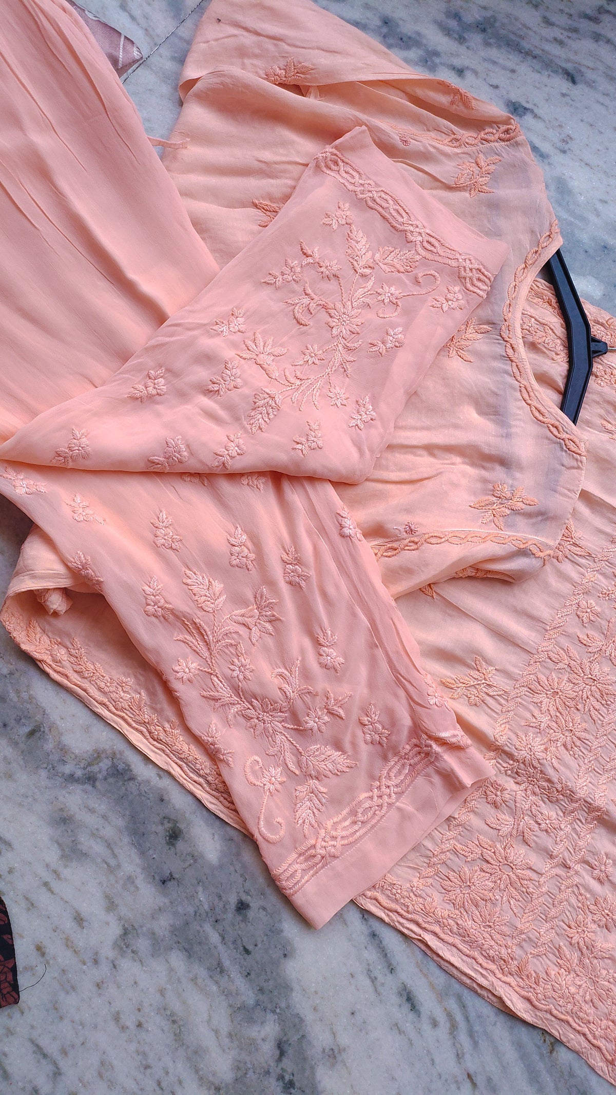 Gulab Peach LVW Fashions handmade Chikankari Kurta set in soft modal cotton, featuring intricate Lucknow embroidery.