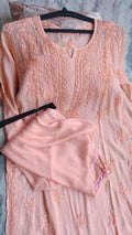 Gulab Peach LVW Fashions handmade Chikankari Kurta set with soft modal cotton fabric and intricate Lucknow embroidery.