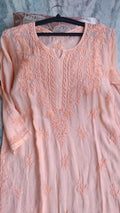 Gulab Peach LVW Fashions handmade Chikankari Kurta set with soft modal cotton, featuring intricate Lucknow embroidery.