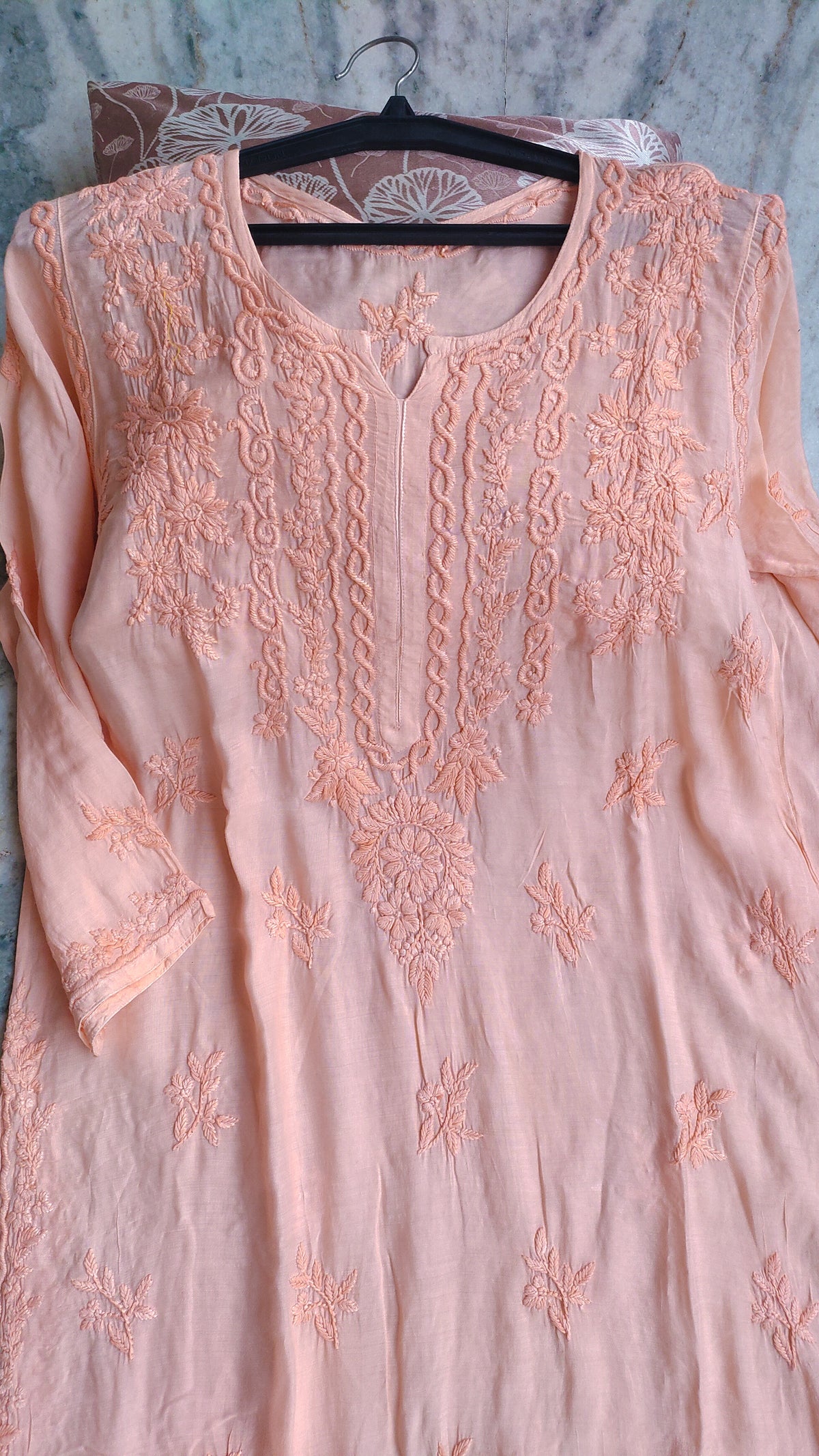 Gulab Peach LVW Fashions handmade Chikankari Kurta set with soft modal cotton, featuring intricate Lucknow embroidery.
