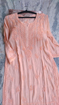 Gulab Peach premium soft modal cotton Chikankari Kurta set by LVW Fashions, featuring intricate Lucknow-style embroidery.