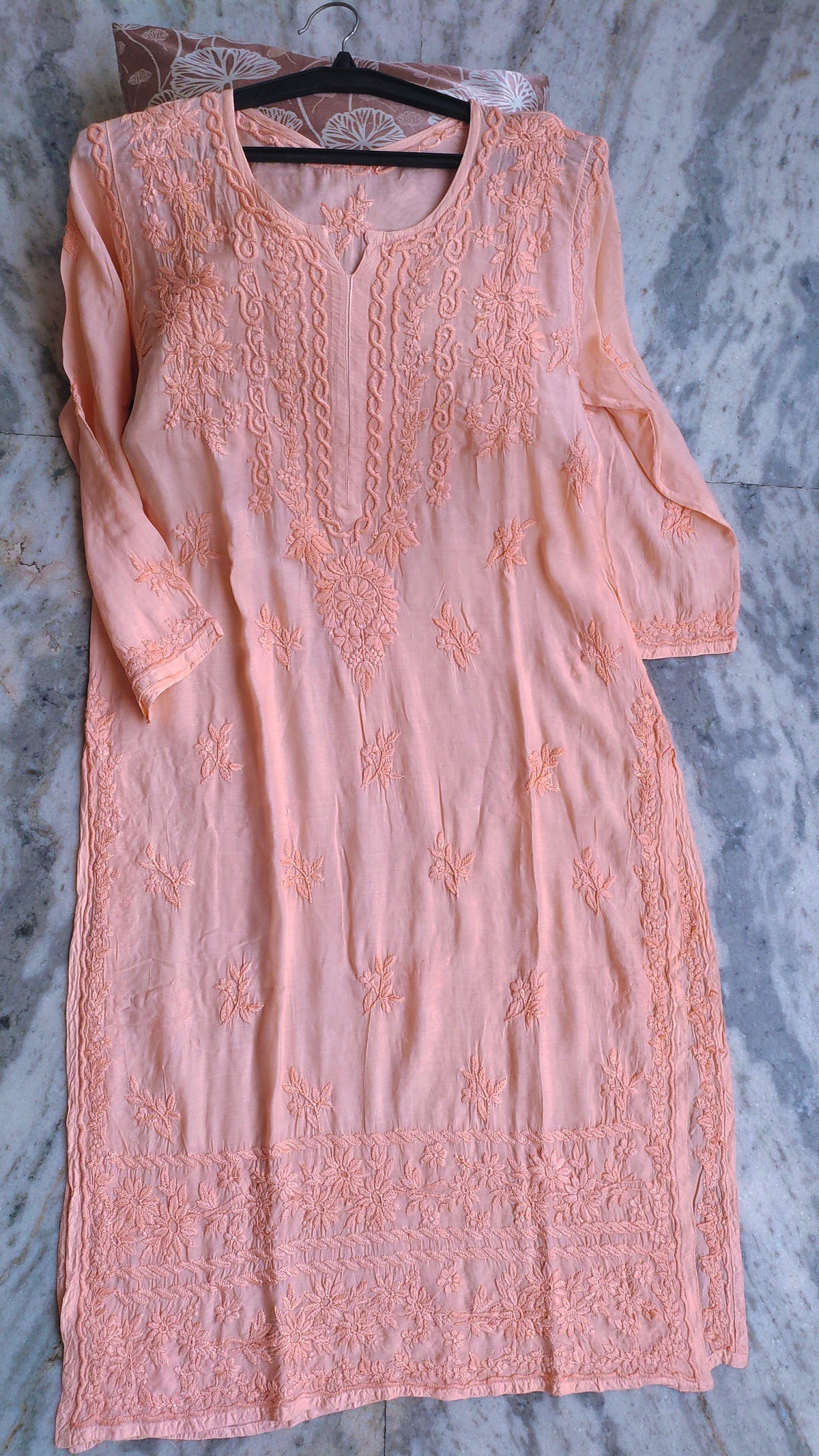 Gulab Peach premium soft modal cotton Chikankari Kurta set by LVW Fashions, handmade Lucknow Chikankari with intricate embroidery.
