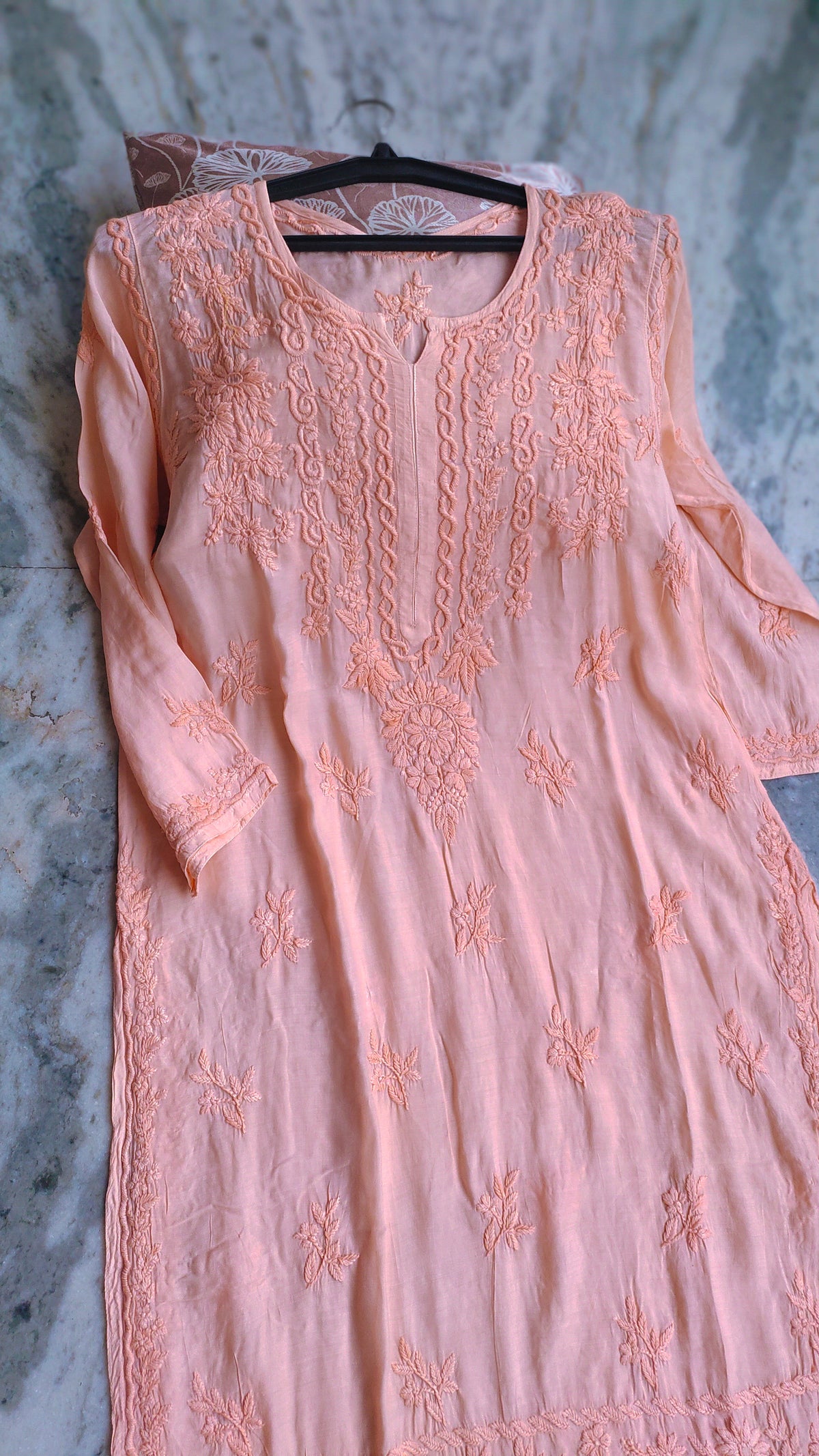 Gulab Peach premium soft modal cotton Chikankari Kurta set by LVW Fashions, featuring intricate Lucknow Chikankari embroidery.