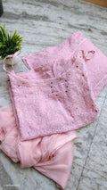 Pink Gulabi Tunic Chikankari Set with floral embroidery and Mukaish detailing, handmade Lucknow Chikankari kurta by LVW Fashions.