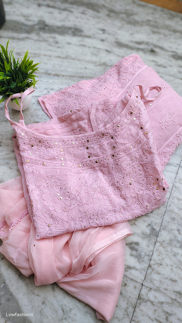 Pink Gulabi Tunic Chikankari Set with floral embroidery and Mukaish detailing, handmade Lucknow Chikankari kurta by LVW Fashions.