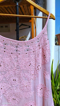 Pink Gulabi Tunic Chikankari set with floral embroidery and Mukaish detailing, handmade Lucknow Chikankari kurta by LVW Fashions.
