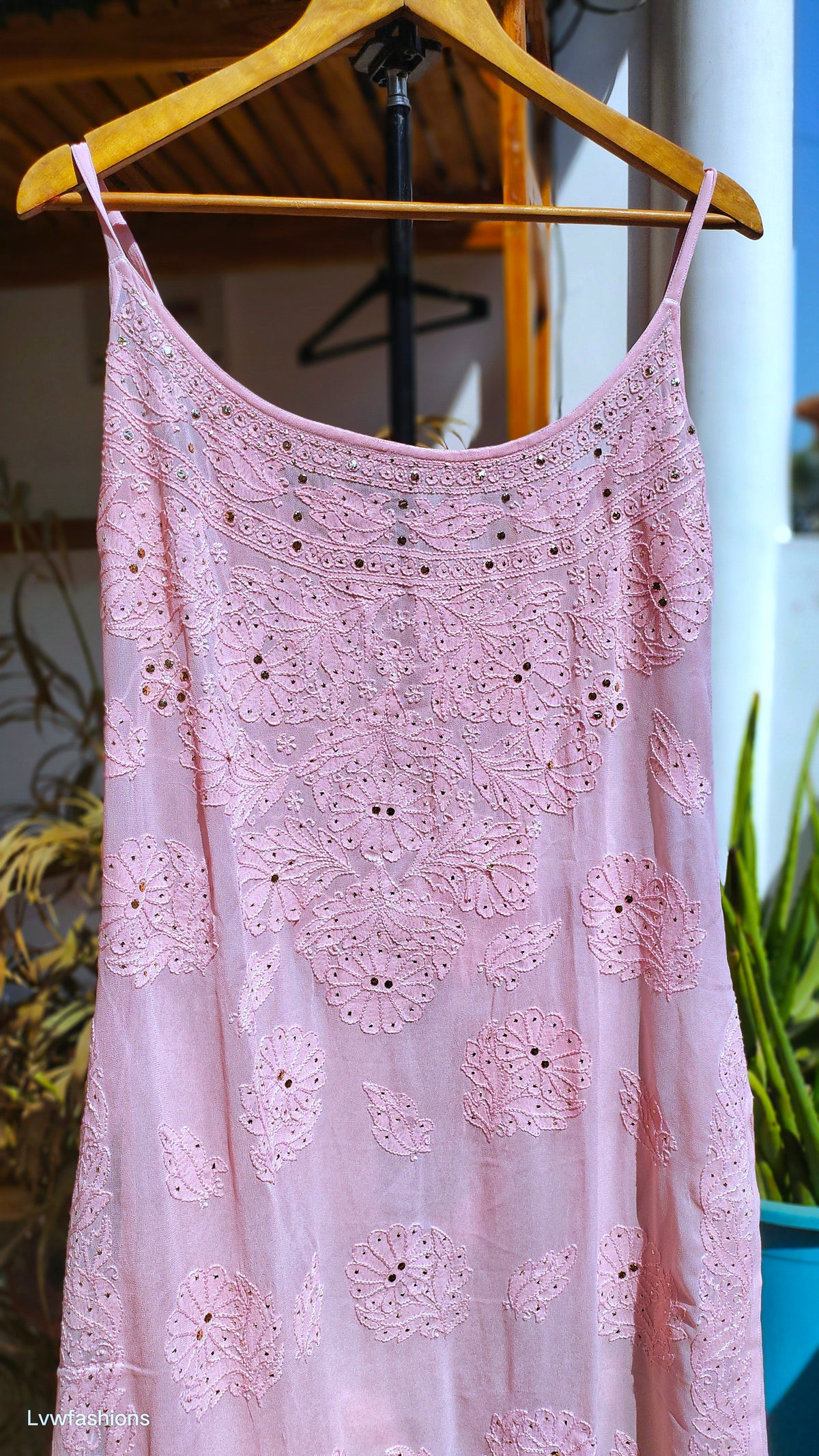 Pink Gulabi Tunic Chikankari Set with floral embroidery and Mukaish detailing, handmade Lucknow Chikankari kurta by LVW Fashions.