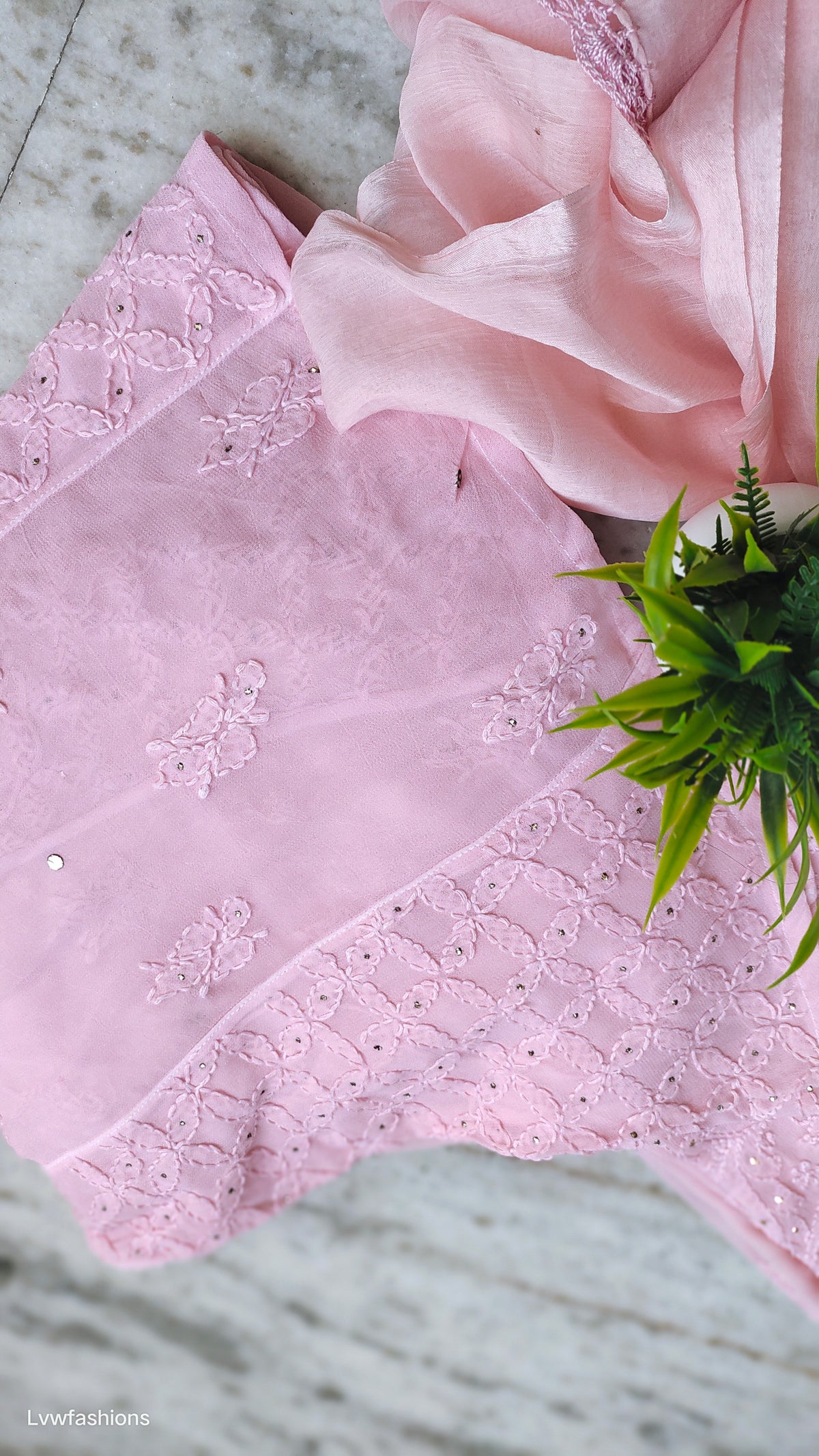 Pink Gulabi Tunic Chikankari Set with floral embroidery and Mukaish, handmade Lucknow Chikankari kurta by LVW Fashions.