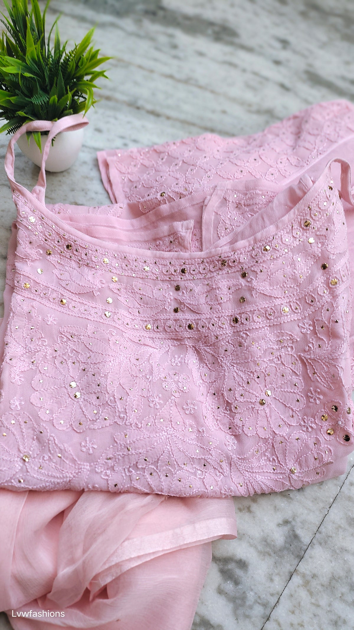 Pink Gulabi tunic chikankari set with floral embroidery and mukaish, handmade Lucknow chikankari kurta by LVW Fashions.