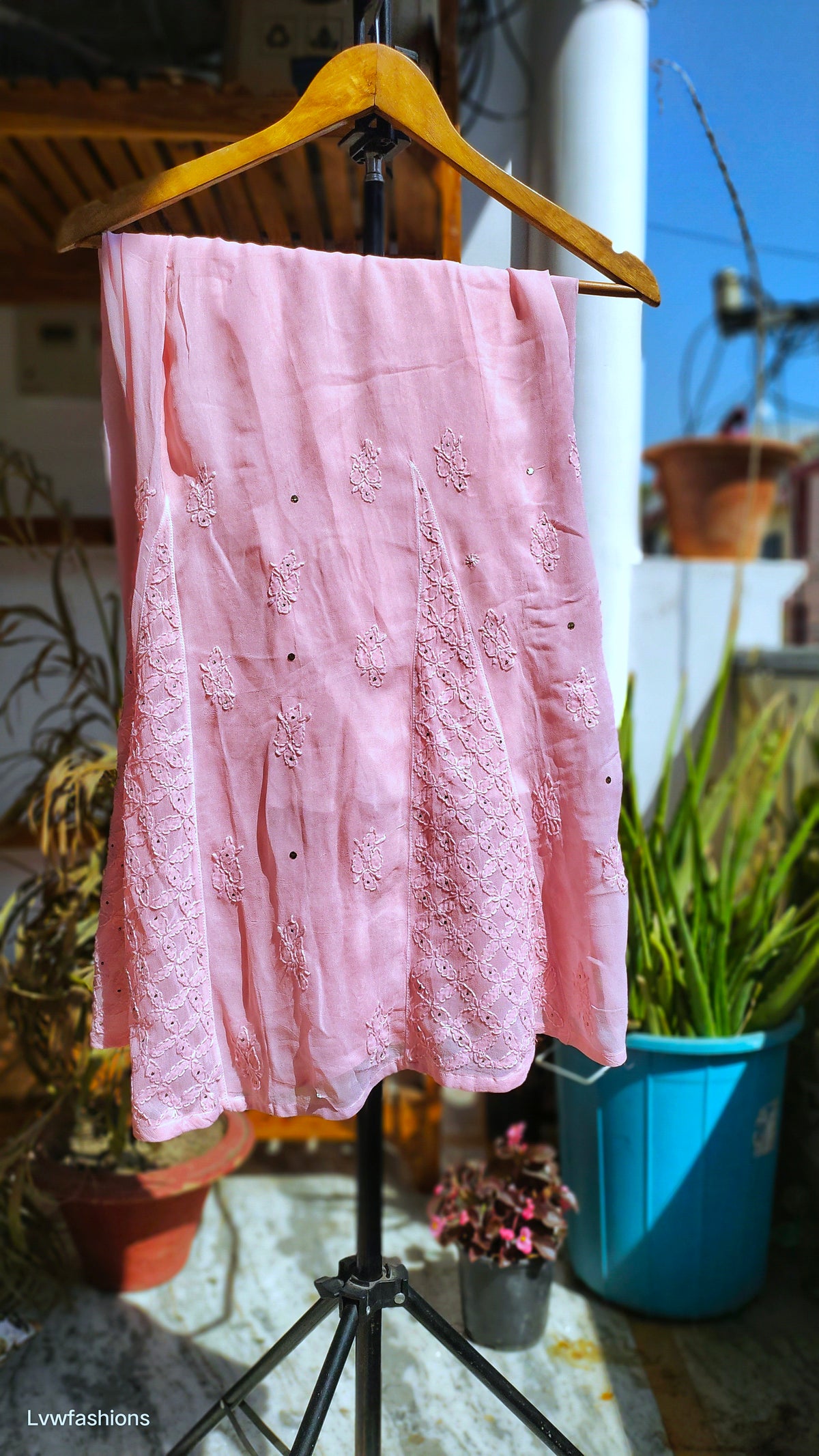 Pink Gulabi Tunic Chikankari Set with floral embroidery and Mukaish detailing, handmade Lucknow chikankari kurta by LVW Fashions.