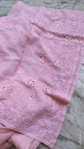 Pink Gulabi Tunic Chikankari Set with floral embroidery and Mukaish work, handmade Lucknow Chikankari kurta by LVW Fashions.