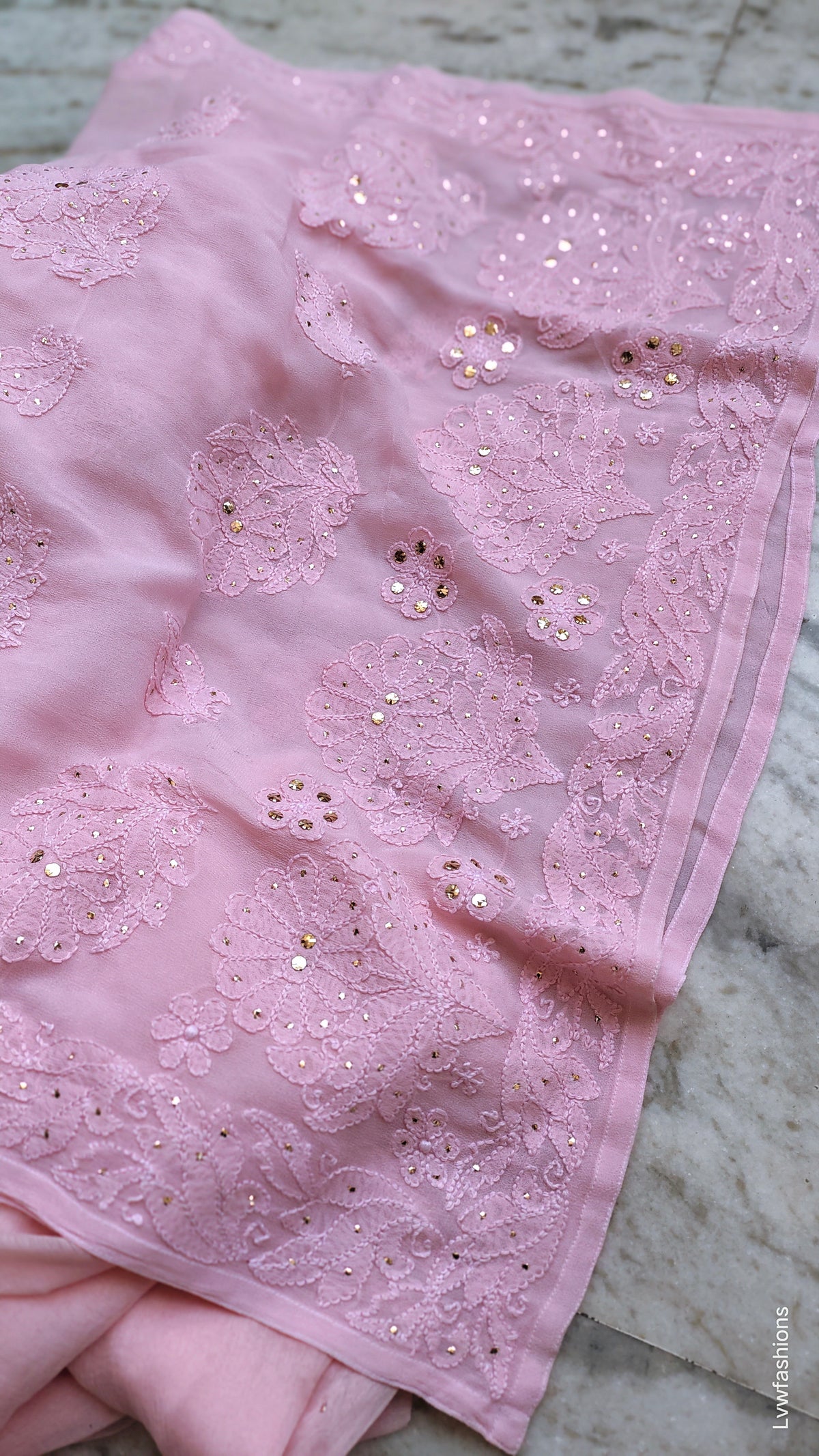 Pink Gulabi Tunic Chikankari Set with floral embroidery and Mukaish work, handmade Lucknow Chikankari kurta by LVW Fashions.