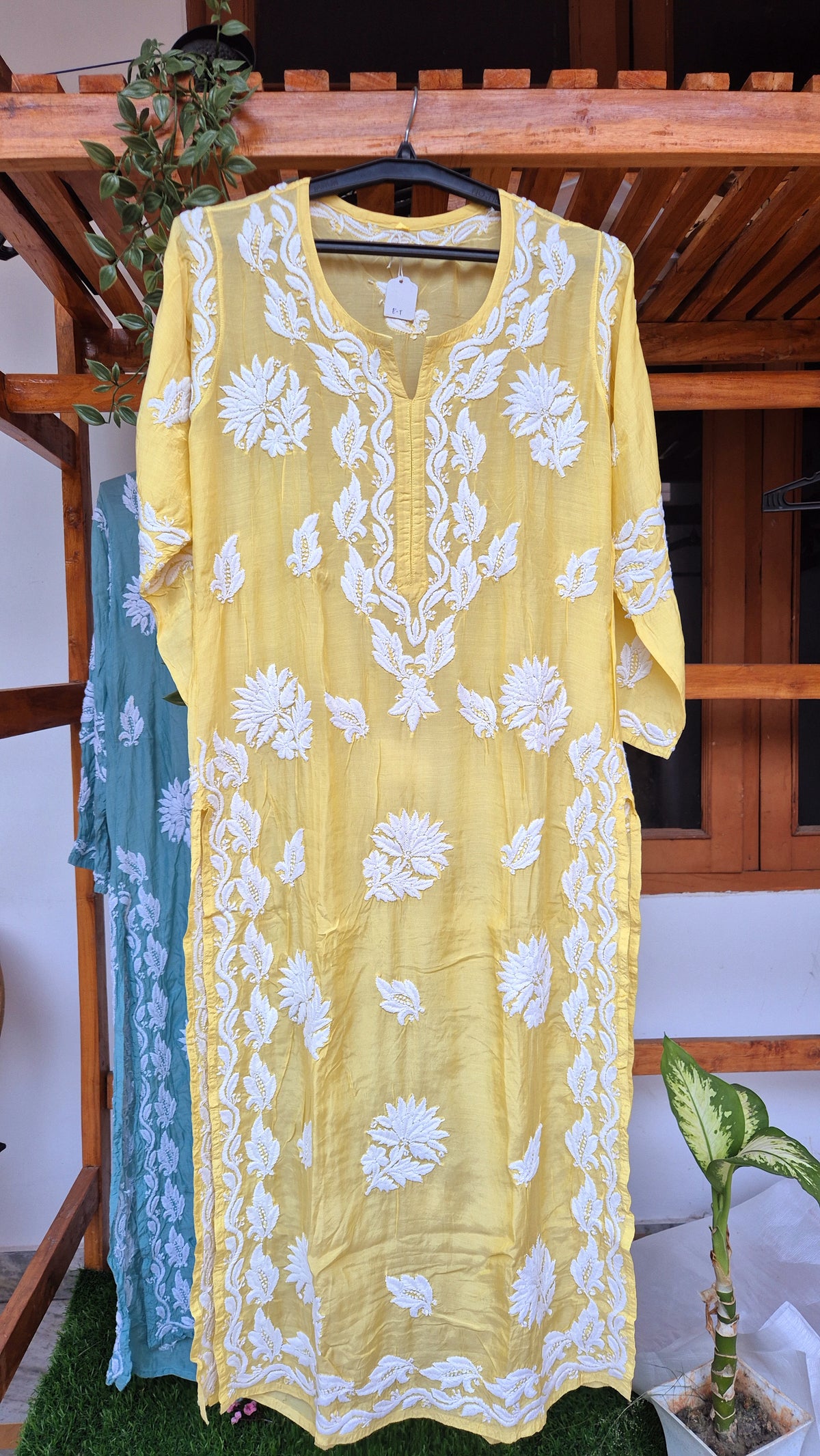 Gulmohar premium silk Chikankari long kurta by LVW Fashions, featuring intricate handmade Lucknow Chikankari embroidery.
