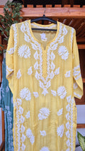 Gulmohar premium silk chikankari long kurta by LVW Fashions, handmade pure silk with intricate Lucknow chikankari embroidery.