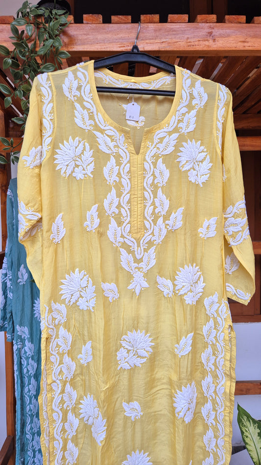 Gulmohar premium silk chikankari long kurta by LVW Fashions, handmade pure silk with intricate Lucknow chikankari embroidery.