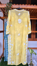 Gulmohar premium silk Chikankari long kurta by LVW Fashions, handmade Lucknow Chikankari with intricate embroidery.