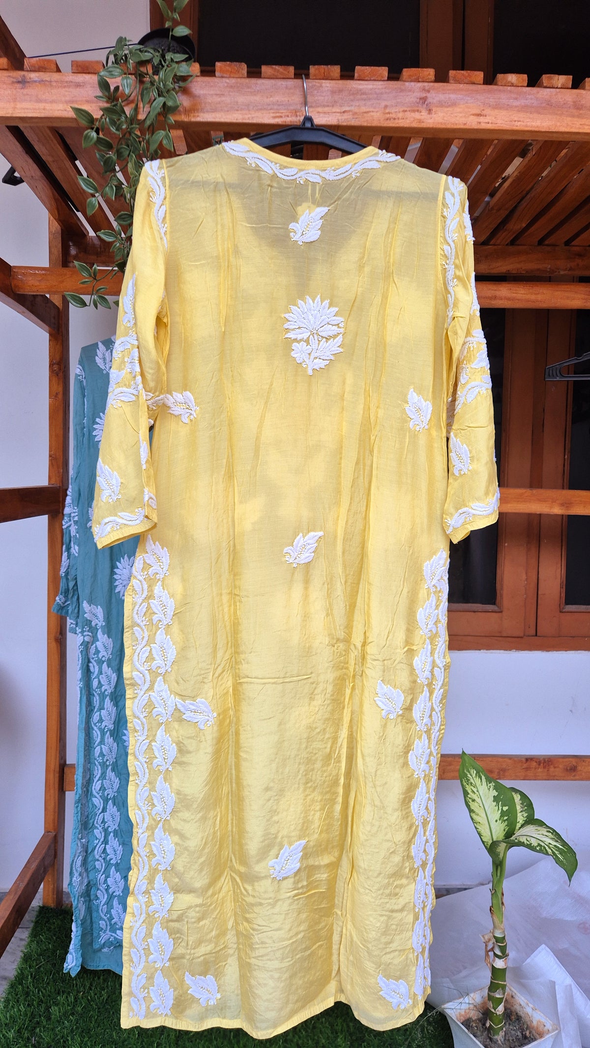 Gulmohar premium silk Chikankari long kurta by LVW Fashions, handmade Lucknow Chikankari with intricate embroidery.