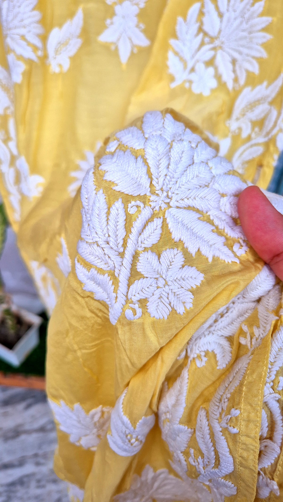 Gulmohar premium silk Chikankari long kurta by LVW Fashions, handcrafted in Lucknow with intricate white embroidery.