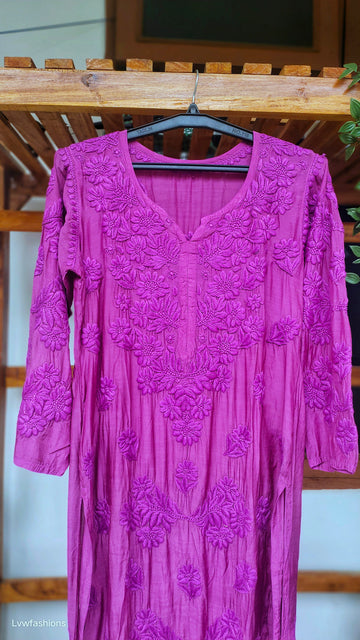 Hania Cerise premium silk Chikankari kurta by LVW Fashions, handcrafted Lucknow Chikankari with intricate embroidery.