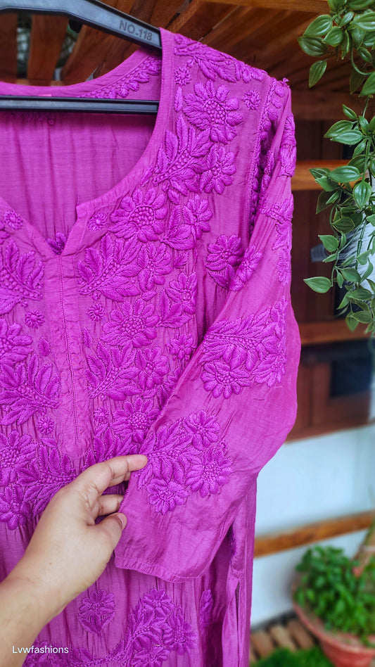 Hania Cerise premium silk Chikankari kurta by LVW Fashions, handcrafted Lucknow chikankari with intricate embroidery and luxurious fabric.