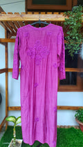 Hania Cerise premium silk Chikankari Kurta by LVW Fashions featuring intricate hand-embroidered Lucknow Chikankari design.
