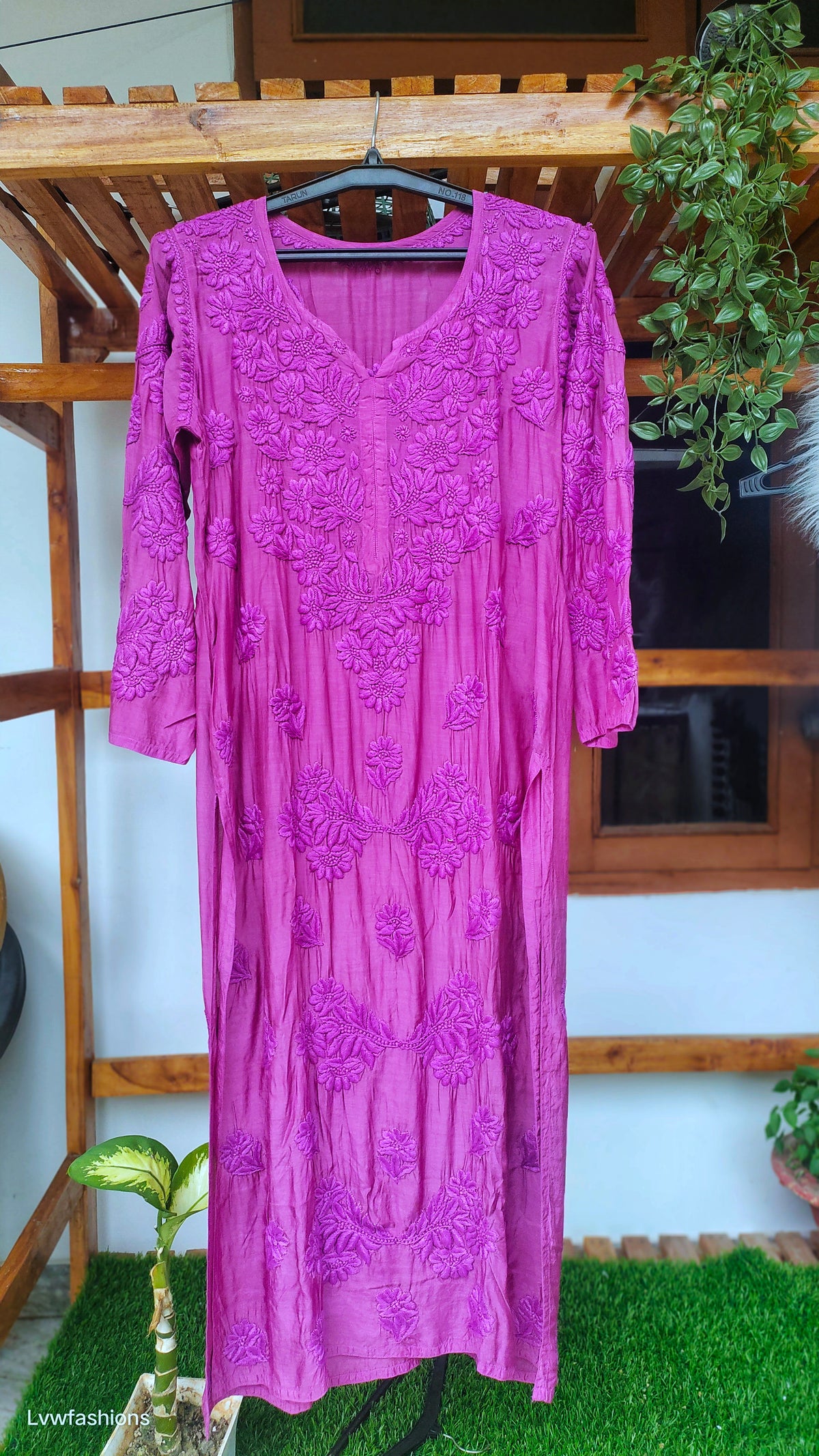 Hania Cerise premium silk Chikankari kurta by LVW Fashions, handmade Lucknow embroidery, luxurious and intricately embroidered.