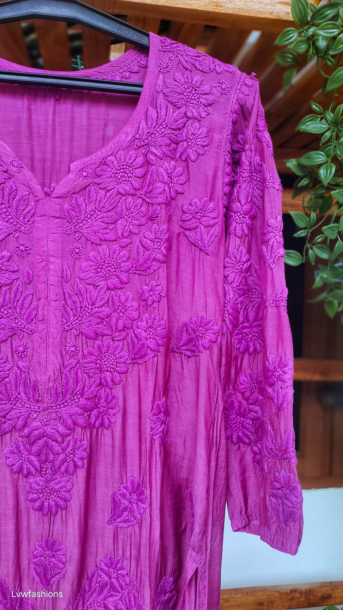 Hania Cerise premium silk Chikankari Kurta by LVW Fashions, hand-embroidered luxurious Lucknow Chikankari, detailed craftsmanship.