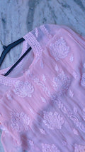Hania premium silk chikankari long kurta with intricate embroidery on sleeves, handmade Lucknow chikankari by LVW Fashions