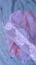 Hania premium silk Chikankari long kurta with intricate embroidery on sleeves, handmade by LVW Fashions in Lucknow Chikankari style.
