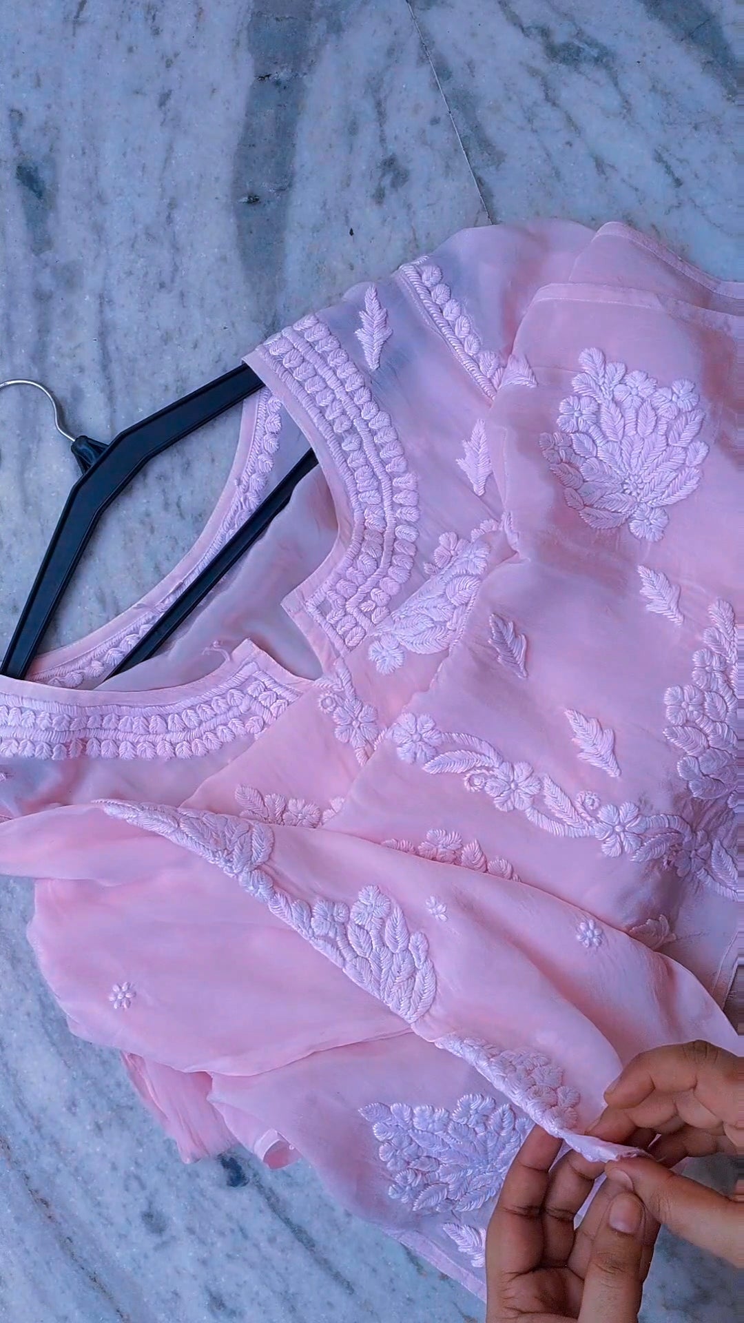 LVW Fashions Hania Premium Silk Chikankari Long Kurta with intricate embroidery on sleeves, handmade Lucknow Chikankari dress.