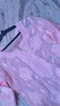 LVW Fashions Hania premium silk Chikankari long kurta with intricate embroidery on sleeves, handmade Lucknow Chikankari design.