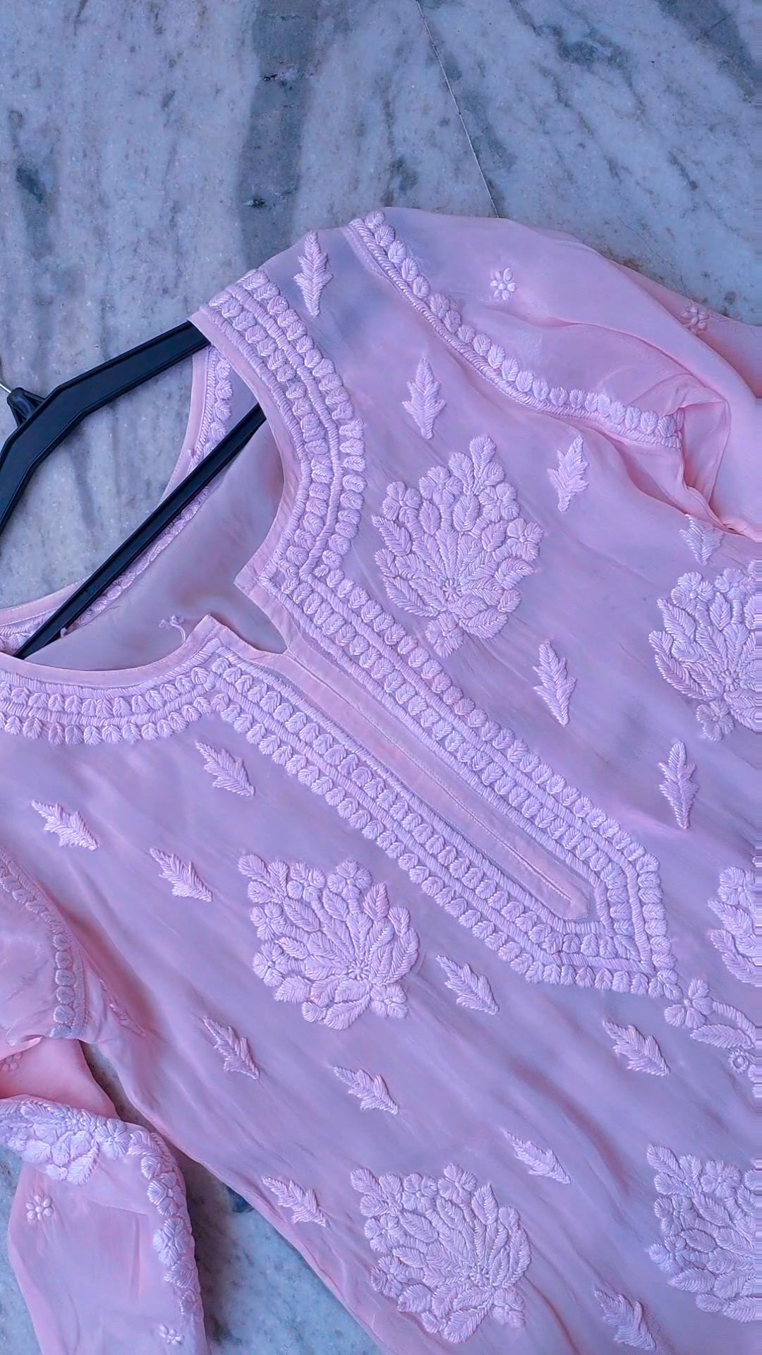 LVW Fashions Hania premium silk Chikankari long kurta with intricate embroidery on sleeves, handmade Lucknow Chikankari design.