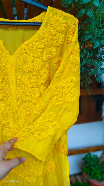 Hania Premium Silk Chikankari Long Kurta with detailed embroidery, handmade by LVW Fashions, featuring specially designed sleeves.